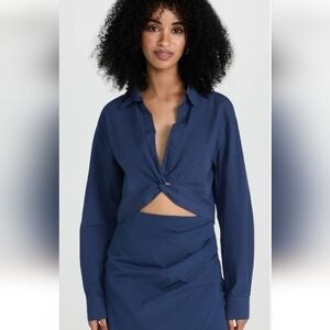 Monrow Poplin Twist Front Top French Navy NWT